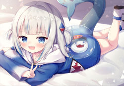 Rule 34 | :d, bed sheet, bloop (gawr gura), blue eyes, blue hair, blue hoodie, blue socks, blush, boots, collarbone, commentary, drawstring, fins, fish tail, gawr gura, gawr gura (1st costume), highres, hololive, hololive english, hood, hood down, hoodie, leg up, long hair, long sleeves, looking at viewer, lying, multicolored hair, on stomach, open mouth, shark tail, sharp teeth, silver hair, sleeves past wrists, smile, socks, solo, streaked hair, symbol-only commentary, tail, teeth, two side up, v, virtual youtuber, waste (arkaura), white footwear