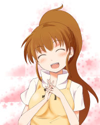Rule 34 | 1girl, blush, breasts, brown hair, closed eyes, long hair, open mouth, sch, smile, solo, taneshima popura, working!!