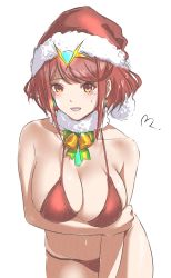 Rule 34 | 1girl, arm under breasts, bell, bikini, blush, breasts, choker, commentary request, earrings, hat, highres, holding own arm, jewelry, large breasts, mitsugu, navel, neck bell, open mouth, pyra (xenoblade), red bikini, red eyes, red hair, santa hat, short hair, swept bangs, swimsuit, thighs, tiara, white background, xenoblade chronicles (series), xenoblade chronicles 2