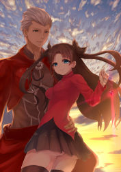 Rule 34 | 1boy, 1girl, absurdres, archer (fate), ass, bad id, blue eyes, brown eyes, brown hair, dark skin, dark-skinned male, fate/stay night, fate (series), grey hair, highres, impossible clothes, impossible shirt, nanahosiryuuki, shirt, sunset, thighhighs, two side up