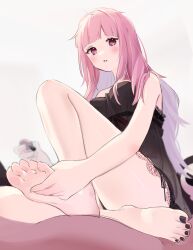 Rule 34 | 1girl, barefoot, feet, highres, hololive, hololive english, light blush, long hair, looking at viewer, mori calliope, mori calliope (sleepwear), nail polish, nightgown, parted lips, pink eyes, pink hair, soles, toes, virtual youtuber