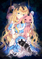 Rule 34 | 1girl, alice (alice in wonderland), alice in wonderland, apron, blonde hair, blue eyes, blush, bow, domotolain, dress, hair bow, leggings, long hair, noose, pantyhose, rope, solo, striped clothes, striped pantyhose, stuffed animal, stuffed rabbit, stuffed toy, very long hair