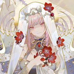 Rule 34 | 1girl, album cover, closed mouth, commentary, commentary request, cover, detached sleeves, english commentary, flower, gold trim, halo, hand up, head tilt, highres, hololive, hololive english, long hair, mixed-language commentary, mori calliope, official art, pink hair, red eyes, red flower, rei (sanbonzakura), smile, solo, thorns, upper body, veil, virtual youtuber