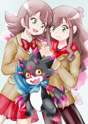 Rule 34 | 2girls, absurdres, cape, claws, digimon, digimon (creature), digimon ghost game, flower, gammamon, gulusgammamon, heart, highres, horns, looking at viewer, multiple girls, original, school uniform, smile, tail