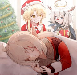 Rule 34 | 3girls, ahoge, antlers, blanket, blonde hair, blue eyes, blue scarf, christmas, christmas tree, closed eyes, commentary request, dress, ebiri fy, fake facial hair, fake mustache, finger to mouth, flower, fur-trimmed headwear, fur trim, garland (decoration), genshin impact, gift, hair between eyes, hair ornament, halo, hat, hat flower, highres, holding, holding gift, horns, indoors, klee (genshin impact), low twintails, lumine (genshin impact), lying, multiple girls, nervous, on side, paimon (genshin impact), partial commentary, pillow, pointy ears, red dress, red nose, reindeer antlers, santa costume, santa hat, scarf, short hair, short hair with long locks, sidelocks, sleeping, twintails, upper body, white hair, yellow eyes