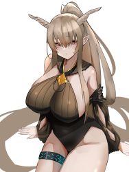 Rule 34 | 1girl, :o, absurdly long hair, arknights, bare shoulders, black one-piece swimsuit, blush, breasts, brown hair, casual one-piece swimsuit, covered navel, detached sleeves, from above, glint, groin, hair between eyes, highres, horns, huge breasts, long hair, long sleeves, looking at viewer, looking up, official alternate costume, one-piece swimsuit, orange eyes, parted lips, pointy ears, ponytail, shining (arknights), shining (silent night) (arknights), sideboob, sidelocks, sitting, solo, swimsuit, thighlet, unknownnoname0, very long hair