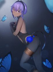Rule 34 | 1girl, absurdres, ass, bare arms, bare shoulders, bodysuit, breasts, bug, butterfly, dark-skinned female, dark skin, elbow gloves, eyebrows hidden by hair, fate/grand order, fate/prototype, fate/prototype: fragments of blue and silver, fate (series), fingerless gloves, flower, gloves, hair between eyes, hairband, hassan of serenity (fate), highres, insect, looking at viewer, purple eyes, purple hair, short hair, solo, taruto (takug0812)