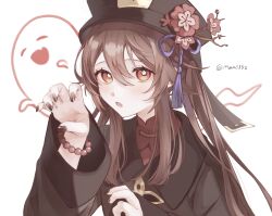 Rule 34 | 1girl, bead bracelet, beads, black headwear, black nails, boo tao (genshin impact), bracelet, brown hair, flower, flower-shaped pupils, genshin impact, ghost, hat, hat flower, highres, hu tao (genshin impact), jewelry, long hair, long sleeves, looking at viewer, man015s, nail polish, parted lips, red eyes, sidelocks, simple background, symbol-shaped pupils, tassel, twintails, twitter username, upper body, very long hair, white background