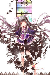 Rule 34 | 1girl, amelie-san (nogi takayoshi), bare legs, barefoot, black hair, blunt bangs, blush, bow, bug, butterfly, choker, flower, frilled kimono, frills, gradient hair, grey hair, hair bow, insect, japanese clothes, kimono, lolita fashion, long hair, looking at viewer, multicolored hair, nogi takayoshi, obi, original, parted lips, purple kimono, red eyes, red ribbon, ribbon, ribbon choker, rose, sash, short kimono, short sleeves, solo, two-tone hair, very long hair, wa lolita, white background, white bow, white hair, wide sleeves, window