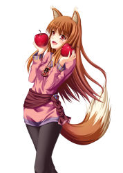 Rule 34 | 00s, 1girl, animal ears, apple, brown hair, food, fruit, holo, long hair, red eyes, solo, spice and wolf, tail, tomifumi, wolf ears, wolf tail