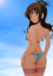 Rule 34 | 1girl, :o, absurdres, aged up, ass, back, bikini, blush, brown eyes, brown hair, butt crack, day, hair ornament, highres, looking at viewer, looking back, nanashi noiji, simple background, solo, striped bikini, striped clothes, swimsuit, to love-ru, yuuki mikan
