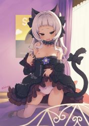 Rule 34 | 1girl, :d, animal ears, bare shoulders, bed, black dress, blunt bangs, blush, bow, bow panties, breasts, cat ears, cat girl, cat tail, clothes pull, deto, dress, full body, gothic lolita, highres, hololive, indoors, kneeling, lolita fashion, long hair, looking at viewer, murasaki shion, murasaki shion (gothic lolita), nipples, open mouth, panties, pantyhose, pantyhose pull, purple pantyhose, small breasts, smile, solo, tail, tail bow, tail ornament, underwear, virtual youtuber, white hair, white panties, yellow eyes