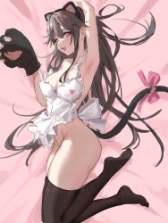 Rule 34 | 1girl, animal ears, animal hands, apron, armpits, azur lane, black thighhighs, bow, brown eyes, brown hair, cat paws, fake animal ears, fang, full moon, heart, heart print, highres, long hair, looking at viewer, moon, naked apron, nariku, open mouth, pamiat merkuria (azur lane), pamiat merkuria (mercurial chocolate love) (azur lane), skin fang, smile, solo, tail, tail bow, tail ornament, thighhighs, white apron