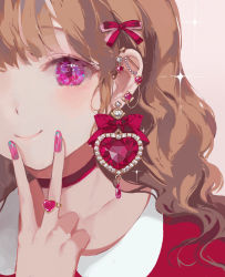 Rule 34 | 1girl, beads, blunt bangs, bow, brown hair, choker, close-up, collarbone, collared shirt, curly hair, ear piercing, earrings, finger to own chin, fingernails, gem, hair bow, heart, heart earrings, hyatsu, iridescent, jewelry, light blush, long hair, looking at viewer, multicolored eyes, multicolored nails, nail polish, original, out of frame, piercing, pink background, pink eyes, pink nails, red bow, red choker, red gemstone, red shirt, red theme, shirt, smile, solo, sparkle, v