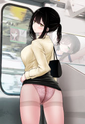Rule 34 | 1girl, ass, bag, black bag, black hair, black skirt, blush, breasts, brown eyes, clothes lift, cowboy shot, fine fabric emphasis, from behind, hair between eyes, head tilt, highres, jacket, large breasts, lifted by self, long hair, long sleeves, looking at viewer, looking back, ol-chan (oouso), oouso, original, panties, panties under pantyhose, pantyhose, parted lips, pencil skirt, pink pantyhose, polka dot, polka dot panties, ponytail, print panties, shoulder bag, sidelocks, skirt, skirt lift, solo, swept bangs, symbol-shaped pupils, thighs, train interior, underwear