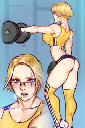 Rule 34 | 1girl, bbc-chan, blonde hair, blue background, blush, breasts, breath, buruma, close-up, collarbone, earrings, exercising, eyelashes, flying sweatdrops, forehead, glasses, gym, highres, jewelry, large breasts, mole, mole under mouth, multiple views, muscular, muscular female, open mouth, original, outstretched arm, patreon username, pink eyes, profile, short hair, sports bra, sportswear, stomach, strong, sweat, thighhighs, thighs, weightlifting, weights
