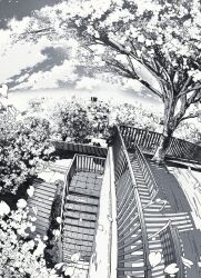 Rule 34 | cherry blossoms, cloud, greyscale, highres, monochrome, no humans, original, outdoors, petals, railing, rooftop, scenery, sky, stairs, tree, wolrero
