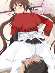 Rule 34 | 1boy, 1girl, ass, blush, brown hair, face in ass, highres, looking back, ryoubi (senran kagura), sadism, senran kagura, sitting, sitting on face, sitting on person, smile, smother, thighs, twintails, yaomai