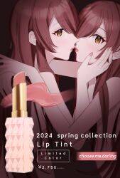 Rule 34 | 2girls, absurdres, blush, cosmetics, face-to-face, fake ad, hair between eyes, hand on another&#039;s cheek, hand on another&#039;s face, highres, hug, idolmaster, idolmaster shiny colors, imminent kiss, incest, kimishiromi, lipstick, lipstick tube, long hair, looking at viewer, makeup, multiple girls, nail polish, nude, open mouth, osaki amana, osaki tenka, pink lips, pink nails, red hair, siblings, sisters, swept bangs, twincest, twins, yellow eyes, yuri