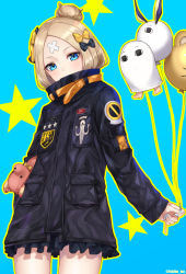 Rule 34 | 1girl, abigail williams (fate), abigail williams (traveling outfit) (fate), alternate hairstyle, bad id, bad pixiv id, balloon, bandaid, bandaid on face, bandaid on forehead, belt, black bow, black jacket, blonde hair, blue background, blue eyes, blush, bow, commentary request, fate/grand order, fate (series), forehead, fou (fate), hair bow, hair bun, high collar, highres, holding, holding stuffed toy, jacket, legs, loafers, long hair, looking at viewer, looking up, medjed (fate), nitocris (fate), nitocris (fate/grand order), nitocris (swimsuit assassin) (fate), official alternate costume, open mouth, orange bow, parted bangs, polka dot, polka dot bow, shoes, simple background, single hair bun, sleeves past fingers, sleeves past wrists, solo, star (symbol), stuffed animal, stuffed toy, teddy bear, thighs, yukihama