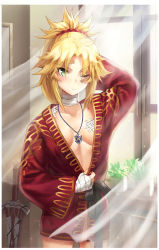 Rule 34 | 1girl, alternate costume, arm behind head, bandaged hand, bandages, black ribbon, blonde hair, blush, braid, breasts, commentary request, fate/apocrypha, fate/grand order, fate (series), green eyes, hair ornament, hair scrunchie, highres, indoors, injury, jacket, japanese clothes, jewelry, long hair, looking at viewer, mordred (fate), mordred (fate/apocrypha), necklace, no bra, one eye closed, ponytail, red jacket, red scrunchie, ribbon, scrunchie, small breasts, solo, standing, sword, tonee, weapon, window