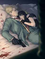 Rule 34 | 1boy, 1girl, bed, black hair, blonde hair, blood, blood on bed, blood on clothes, formal, gold hairband, green suit, gun, hairband, handgun, highres, knife, necktie, pillow, pistol, spy x family, suit, twilight (spy x family), weapon, whitesnow14, yor briar