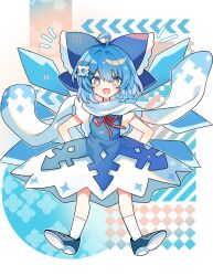 Rule 34 | 1girl, ahoge, blue dress, blue eyes, blue hair, cape, cirno, detached wings, dress, full body, highres, ice, ice wings, multiple wings, open mouth, shirocha tei, short hair, smile, socks, solo, touhou, twitter username, white cape, white socks, wings