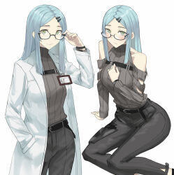 Rule 34 | 1girl, adjusting eyewear, arm support, asakiri koko, belt, blue hair, blush, breasts, coat, unworn coat, commentary request, detached sleeves, expressionless, feet out of frame, girls&#039; frontline, glasses, green eyes, hair ornament, hairclip, hand in pocket, hand on own chest, highres, holster, id card, lab coat, large breasts, light blue hair, long hair, looking at viewer, multiple views, nele (girls&#039; frontline), open clothes, open coat, parted bangs, partial commentary, semi-rimless eyewear, simple background, sitting, solo, sweater, sweater vest, thigh holster, watch, white background, white coat, wristwatch, yokozuwari