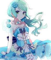 Rule 34 | 1girl, aqua hair, ascot, bang dream!, blue dress, blue flower, blue neckwear, blue ribbon, bow, bowtie, detached collar, dress, earrings, flower, frilled dress, frilled shirt collar, frills, gem, green eyes, hair flower, hair ornament, highres, hikawa sayo, hinakano h, jewelry, long hair, looking at viewer, low-tied long hair, parted lips, pearl (gemstone), ribbon, sidelocks, simple background, solo, strapless, strapless dress, striped bow, striped bowtie, striped clothes, striped neckwear, striped ribbon, white background, white flower, white neckwear, wrist cuffs