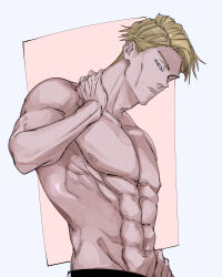 Rule 34 | 1boy, abs, black pants, blonde hair, blue eyes, expressionless, jujutsu kaisen, looking at viewer, male focus, mineco000, muscular, muscular male, nanami kento, nipples, pants, pectorals, short hair, solo, standing, topless male, upper body