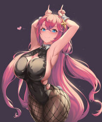 Rule 34 | 1girl, armpits, arms up, black leotard, blush, breasts, check copyright, cleavage, closed mouth, commission, copyright request, covered navel, crossed bangs, fishnet pantyhose, fishnets, hair ornament, heart, highres, large breasts, leotard, long hair, looking at viewer, mad kimo, mole, mole under eye, original, pantyhose, pink hair, pointing, pointing up, sideboob, simple background, sleeveless, smile, wrist cuffs