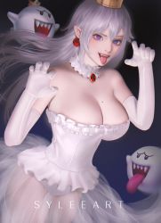 Rule 34 | 1girl, artist name, bare shoulders, boo (mario), breasts, claw pose, cleavage, commentary, crown, dark background, detached collar, dress, earrings, elbow gloves, english commentary, fangs, frilled dress, frills, gem, ghost, gloves, gradient background, highres, jewelry, king boo, large breasts, long hair, luigi&#039;s mansion, mario (series), mole, mole on breast, nintendo, open mouth, pointy ears, princess king boo, purple eyes, see-through, sharp teeth, silver hair, smile, strapless, strapless dress, super crown, teeth, thaumazo, tongue, tongue out, upper teeth only, very long hair, white dress, white gloves
