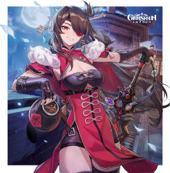 Rule 34 | 1girl, absurdres, beidou (genshin impact), black gloves, black shorts, breasts, brown hair, cleavage, commentary request, cowboy shot, dress, full moon, genshin impact, gloves, grin, head tilt, highres, holding, large breasts, long hair, looking at viewer, moon, red dress, red eyes, short shorts, shorts, smile, solo, standing, sword, thighs, very long hair, weapon, xude