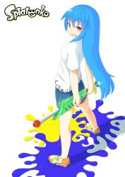Rule 34 | 1girl, adapted costume, alternate costume, bike shorts, blush, breasts, copyright name, cosplay, d:, d:&lt;, full body, highres, hinanawi tenshi, inkling (cosplay), inkling player character, legs, long hair, looking at viewer, looking back, nintendo, open mouth, paint, paint splatter, red eyes, small breasts, solo, splat charger (splatoon), splatoon (series), splatoon 1, touhou, v-shaped eyebrows, very long hair, water gun, yamagami hiroto