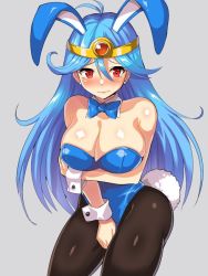 Rule 34 | 1girl, animal ears, blue hair, blush, bow, breasts, cleavage, closed mouth, detached collar, dragon quest, dragon quest iii, earrings, edobox, fake animal ears, grey background, jester (dq3), jewelry, large breasts, leotard, long hair, looking at viewer, pantyhose, playboy bunny, rabbit ears, rabbit tail, sage (dq3), simple background, solo, strapless, strapless leotard, tail, white wrist cuffs, wrist cuffs