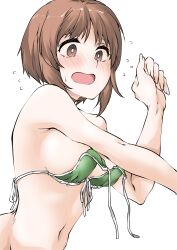 Rule 34 | 1girl, bikini, breasts, bright pupils, brown eyes, brown hair, commentary, elf (stroll in the woods), flying sweatdrops, front-tie bikini top, front-tie top, girls und panzer, green bikini, highres, leaning forward, looking at viewer, medium breasts, navel, nishizumi miho, short hair, simple background, solo, swimsuit, textless version, untied bikini, upper body, wardrobe malfunction, white background, white pupils