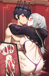 Rule 34 | 1boy, 1girl, abs, absurdres, arms around neck, ass, black coat, blue hair, bra, bra pull, braid, breast press, breasts, chrom (fire emblem), clothes pull, clothing aside, coat, corruption, cross-section, crown, cum, cum in pussy, cum overflow, cumdrip, ejaculation, eyelashes, fire emblem, fire emblem awakening, fire emblem cipher, gold trim, grima (fire emblem), hair between eyes, hand on another&#039;s thigh, happy sex, heart, hetero, highres, hip bones, hip focus, hood, hood down, internal cumshot, large breasts, leg lift, leg up, legs apart, mazenda (3378), medium hair, motion lines, muscular, muscular male, nintendo, open mouth, panties, panties aside, pectorals, penis, possession, purple bra, purple eyes, purple panties, red eyes, robin (female) (fire emblem), robin (fire emblem), sex, smile, standing, standing sex, strap, suspended congress, swept bangs, teeth, thigh strap, thong, throne, twintails, underwear, white hair