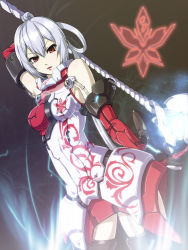 Rule 34 | 1girl, arm behind head, bodysuit, breasts, dutch angle, elbow gloves, from below, garter straps, gloves, hair between eyes, highres, holding, holding weapon, long hair, looking at viewer, matoi (pso2), medium breasts, nandz, open mouth, phantasy star, phantasy star online 2, red eyes, silver hair, solo, standing, weapon