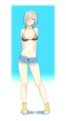 Rule 34 | 1girl, arms behind back, bikini, black bikini, blue background, blue eyes, breasts, cleavage, collarbone, converse, denim, denim shorts, full body, gradient background, hair ornament, hair over one eye, hairclip, hamakaze (kancolle), highres, kantai collection, navel, shoes, short hair, short shorts, shorts, sneakers, solo, standing, swimsuit, two-tone background, white background, white hair, yellow footwear, yuuji (and)