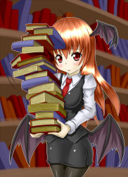 Rule 34 | 1girl, bad id, bad pixiv id, bat wings, black pantyhose, blush, book, book stack, breasts, carrying, dress shirt, head wings, holding, holding book, koakuma, library, long hair, low wings, medium breasts, necktie, pantyhose, red eyes, red hair, red necktie, shirt, skirt, skirt set, solo, too many, too many books, touhou, vest, voile, wings