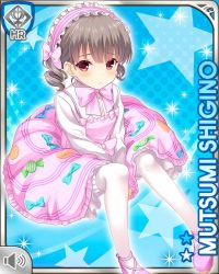Rule 34 | 1girl, blue background, blue bow, bow, brown hair, card (medium), closed mouth, dress, girlfriend (kari), green bow, looking at viewer, official art, pink bow, pink dress, pink footwear, pink headwear, plaid, plaid skirt, pleated skirt, qp:flapper, red eyes, school uniform, shigino mutsumi, shirt, short twintails, silver hair, sitting, skirt, solo, twintails, white shirt