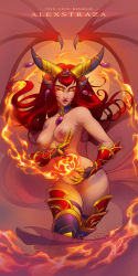 Rule 34 | 1girl, alexstrasza, artofcarmen, boots, breasts, carmen torres, detached collar, dragon girl, female pubic hair, fire, gauntlets, highres, horns, lips, long hair, nipples, nude, pubic hair, pussy, red hair, solo, thigh boots, thighhighs, uncensored, warcraft, wings, yellow eyes