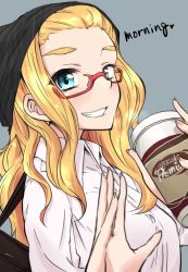 Rule 34 | 1girl, aqua eyes, bag, beanie, blonde hair, blush, breasts, coffee cup, collared shirt, cup, disposable cup, dress shirt, english text, forehead, glasses, grey background, grin, hat, heart, holding, holding cup, kuroinu momotarou, long sleeves, medium breasts, original, semi-rimless eyewear, shirt, shoulder bag, simple background, smile, solo, teeth, thick eyebrows, upper body, white shirt