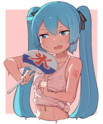 Rule 34 | 1girl, abmayo, arms up, bare shoulders, blush, border, breasts, brown background, collarbone, commentary request, cropped torso, hair ornament, hand fan, hatsune miku, highres, holding, holding fan, long hair, navel, number tattoo, open mouth, outside border, paper fan, shirt, shoulder tattoo, sideways glance, small breasts, solo, stomach, sweat, tank top, tattoo, tied shirt, translated, twintails, uchiwa, upper body, vocaloid, white border, white shirt