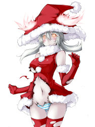 Rule 34 | 10s, 1girl, abyssal ship, alternate costume, blush, breasts, elbow gloves, gloves, hat, kaminagi (kaminagi-tei), kantai collection, large breasts, long hair, navel, pale skin, panties, red gloves, red thighhighs, santa costume, santa hat, silver hair, simple background, solo, striped clothes, striped panties, thighhighs, torn clothes, underwear, white background, wo-class aircraft carrier, yellow eyes