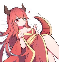 Rule 34 | 1girl, absurdres, blush, breasts, cleavage, closed mouth, dragon girl, dragon horns, dragon tail, heart, heterochromia, hh, highres, horns, japanese clothes, kimono, long hair, long sleeves, looking at viewer, lying, on back, original, red eyes, red hair, red kimono, simple background, solo, tail, white background, yellow eyes
