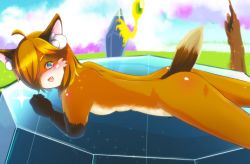 Rule 34 | 1girl, artist request, brown hair, female focus, fox, furry, furry female, green eyes, open mouth, outdoors, short hair, sky, solo