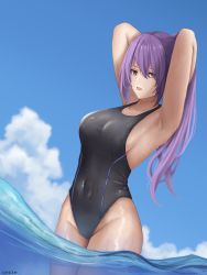 1girl absurdres armpits arms_behind_head artist_name black_one-piece_swimsuit blue_sky breasts collarbone competition_swimsuit covered_navel cozie178 highres hololive hololive_indonesia long_hair looking_at_viewer medium_breasts moona_hoshinova on_water one-piece_swimsuit open_mouth ponytail purple_hair sideboob sky solo standing swimsuit virtual_youtuber wading wet wet_clothes wet_swimsuit yellow_eyes