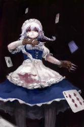 Rule 34 | 1girl, apron, bandages, black background, blood, blood on face, braid, card, female focus, from below, gloves, izayoi sakuya, knife, light purple hair, looking down, maid, maid apron, maid headdress, pantyhose, red eyes, siephy, silver hair, smile, solo, embodiment of scarlet devil, touhou, twin braids