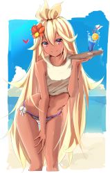 Rule 34 | 10s, 1girl, absurdres, bare arms, bare legs, bikini, blonde hair, cup, dark-skinned female, dark skin, drink, drinking glass, drinking straw, flower, granblue fantasy, hair flower, hair ornament, heart, hibiscus, highres, leaning forward, long hair, looking at viewer, mismatched bikini, navel, red eyes, smile, solo, swimsuit, thigh gap, tray, very long hair, white bikini, yuchio, zooey (granblue fantasy)